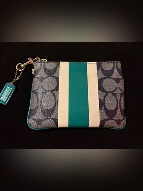 New Coach Navy Signature Stripe Teal and Cream Center